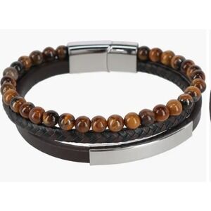 Trafalgar‎ Loose Fit Beaded and Leather 3 Strand Bracelet Mens Brown OS